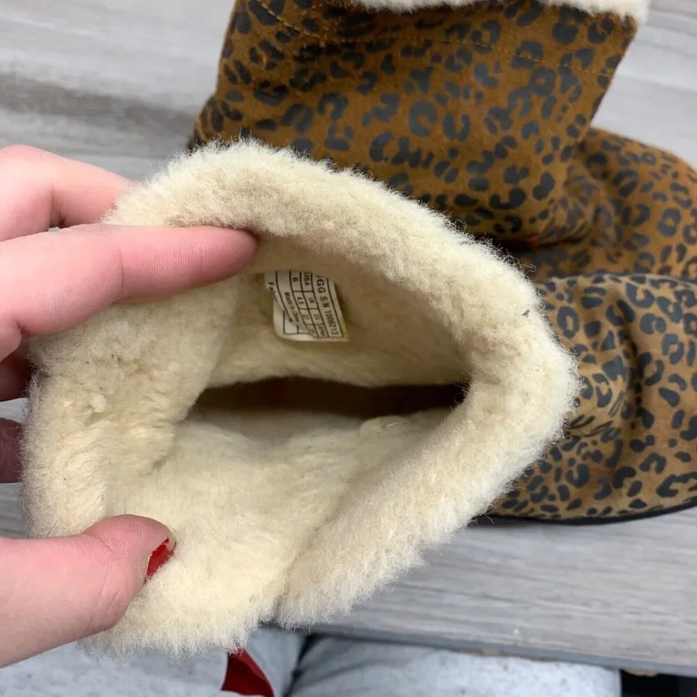 UGG‎ I Love Ugg Leopard Print Boots Size 6 Womens Pull On Red Ribbon